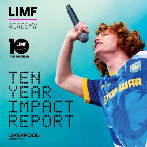 Person in a blue shirt with yellow accents that reads 'STOP WAR,' holding a microphone against a light blue gradient background. Text in the image includes 'LIMF ACADEMY,' '1 LIMF ACADEMY YEAR ANNIVERSARY,' 'TEN YEAR IMPACT REPORT,' and 'LIVERPOOL MUSIC CITY.'