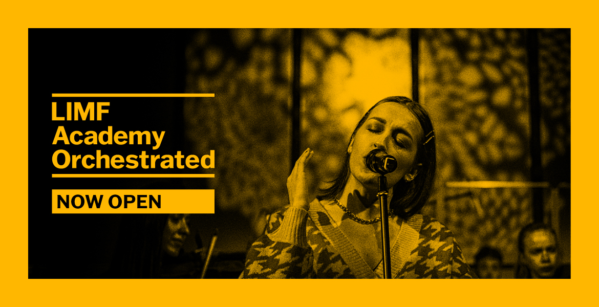 Promotional graphic for LIMF Academy Orchestrated, featuring a person standing at a microphone with their face obscured by a square. Text reads 'LIMF Academy Orchestrated NOW OPEN' on a yellow and black background.